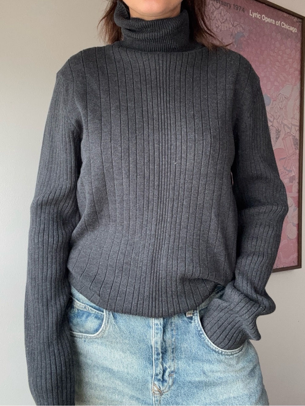 Vintage Calvin Klein Dark Gray 100% Cotton Turtleneck Sweater L - Picture 1 of 8